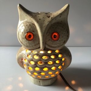 Vtg 60s MCM Ceramic Beige & Brown Owl Night Light TV Table Lamp